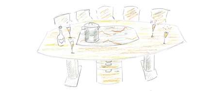 Höhenverstellbarer Konferenztisch mit integriertem aber unsichtbaren Kochfeld Höhenverstellbarer Konferenztisch mit integriertem aber unsichtbaren Kochfeld